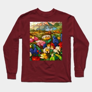 Stained Glass Colorful Mountain Meadow Long Sleeve T-Shirt